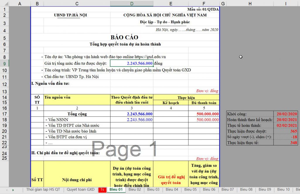 File Excel biểu mẫu quyết toán dự án hoàn thành theo Thông tư số 10/2020/TT-BTC
